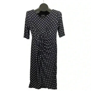 Dark Blue Polka Dot Sheath Wrap Dress  Jersey Connected Apparel Sz 6